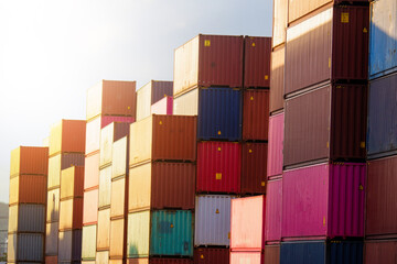 Freight, transportation, transportation, transportation, delivery and distribution. commercial business ideas Group of 40-foot heavy-duty colored metal containers stacked in the wharf.