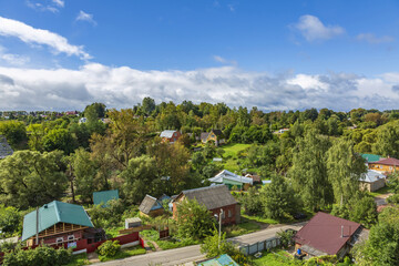 Fototapeta na wymiar Panoramic view from the hill to the old part of the city. Mozhaysk, Russia