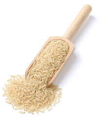 raw long brown rice in the wooden scoop, isolated on the white background