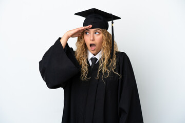 Young university graduate isolated on white background doing surprise gesture while looking to the side