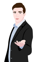 Vector illustration in flat style of a man in a suit stretching his hand forward. Design for banners, websites, flyers, invitations. 