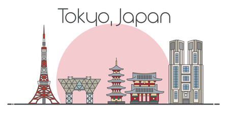 Flat vector line illustration of Tokyo, Japan cityscape. Famous landmarks, city sights and design icons isolated on white and pastel pink background