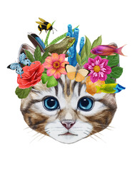 Portrait of Cat with a floral crown.  Flora and fauna. Hand-drawn illustration, digitally colored.
