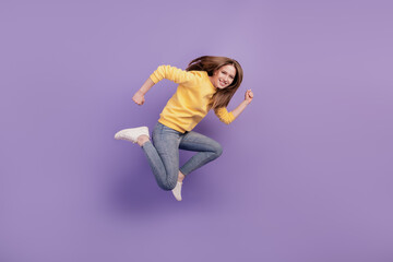Profile portrait of cheerful crazy active lady jump run hurry sale season on purple background