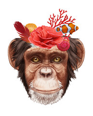 Portrait of Monkey with sea crown. Hand-drawn illustration, digitally colored.