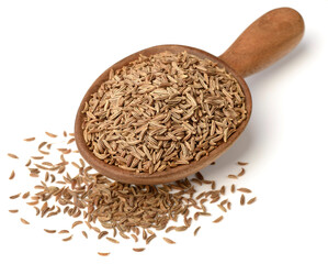 dried caraway seeds in the wooden spoon, isolated on white