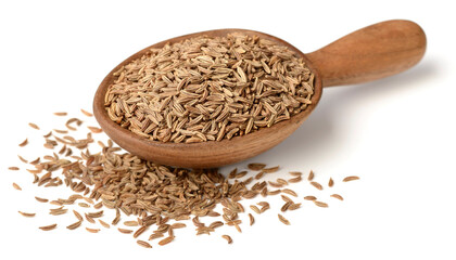 dried caraway seeds in the wooden spoon, isolated on white