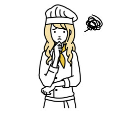 立って手をあごにあてて困っている調理師の女性