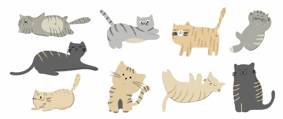 Cute and funny cats doodle vector set. Cartoon cat or kitten characters design collection with flat color in different poses. Set of purebred pet animals isolated on white background. © TWINS DESIGN STUDIO