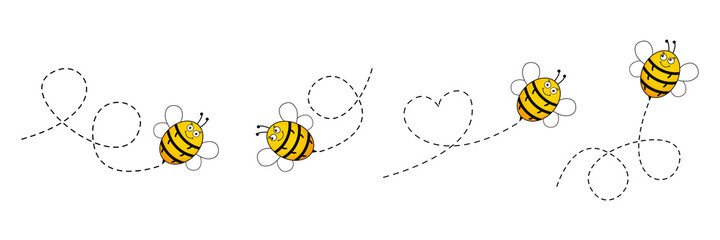 Cute happy bee icon set. Bee flying on a dotted route. Vector illustration isolated on white background. 