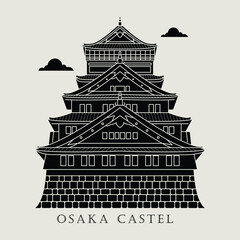 Fototapeta na wymiar Silhouette icon vector illustration of a historic building castle in the Japan, Simple outline icon design cartoon landmark for praying vacation travel tourist attractions. Line art of Osaka Castle