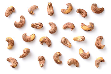 roasted cashew nuts with peel isolated on the white background, top view