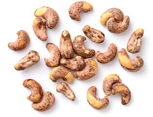 Obraz premium roasted cashew nuts with peel isolated on the white background, top view