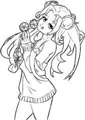 A slender cute girl in the style of manga and anime with long hair in a sweater holds flowers in her arms with her tongue hanging out linear artwork 2d illustration