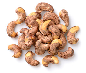 roasted cashew nuts with peel isolated on the white background, top view