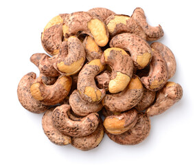 roasted cashew nuts with peel isolated on the white background, top view