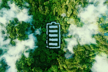 Concept depicting new possibilities for the development of ecological battery technologies and green energy storage in the form of a battery-shaped pond located in a lush forest. 3d rendering. - obrazy, fototapety, plakaty