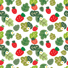 Seamless Pattern with Hand Drawn Strawberry and Leaf Design on White Background