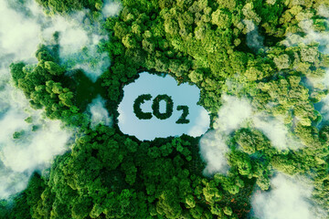 Concept depicting the issue of carbon dioxide emissions and its impact on nature in the form of a pond in the shape of a co2 symbol located in a lush forest. 3d rendering. - obrazy, fototapety, plakaty