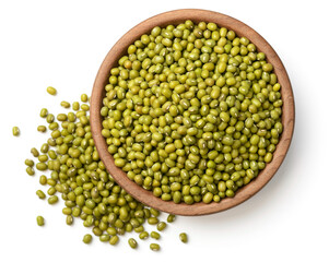 uncooked mung beans isolated on white background, top view