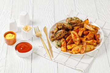 Grilled Pork Shoulder Steaks with potato wedges