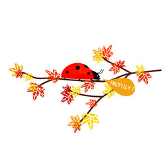 vector illustration of a talking ladybug on an autumn tree branch with leaves