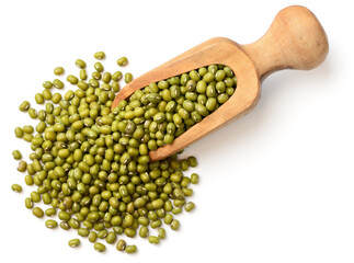 uncooked mung beans in the wooden scoop, isolated on white background, top view