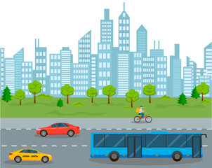 Urban landscape with large modern buildings. Street, taxi, bus,cyclist,  highway with cars. City concept.
