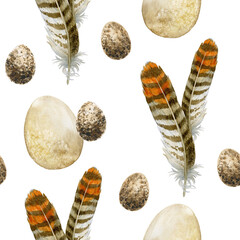 pattern on easter theme with the image of eggs and feathers isolated on a white background, for printing textiles, wrapping paper, scrapbooking paper