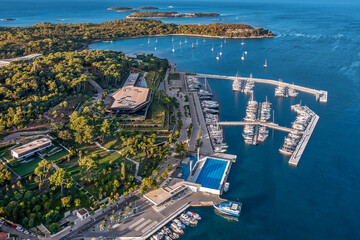 Aerial view to Grand Park Hotel Rovinj and Lone bay, summertime vacation theme