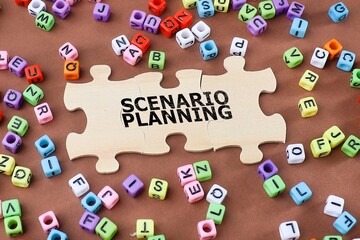 Scenario Planning concept on missing puzzle with colorful cubes scattered. Noise is visible due to the texture of the subjects