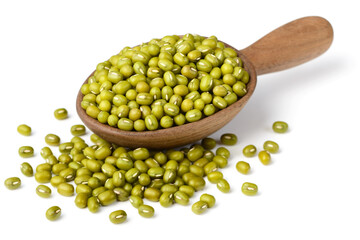 raw mung beans in the wooden spoon, isolated on the white background