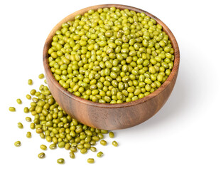 raw mung beans in the wooden bowl, isolated on the white background