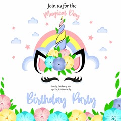 Birthday party invitation with baby unicorn. Magical day with unicorn
