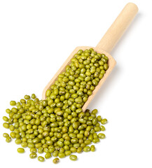 raw mung beans in the wooden scoop, isolated on the white background