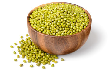 raw mung beans in the wooden bowl, isolated on the white background