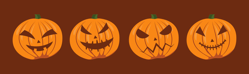 Halloween set of isolated pumpkins. Vector illustration. Orange pumpkin with smile for your design for the holiday Halloween. Vector