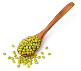 raw mung beans in the wooden spoon, isolated on the white background