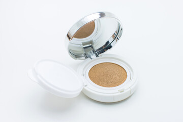 Foundation Powder Cushion , Makeup Cosmetics, Brown Cream, Case makeup and puff on White background.