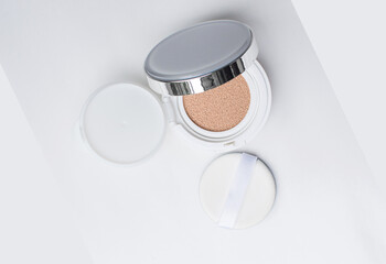 Foundation Powder Cushion , Makeup Cosmetics, Brown Cream, Case makeup and puff on White background.