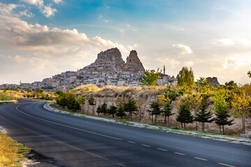 Cappadocia, Turkey - September 1, 2021 – Impressive Uchisar Castle and Village by chimney rock...