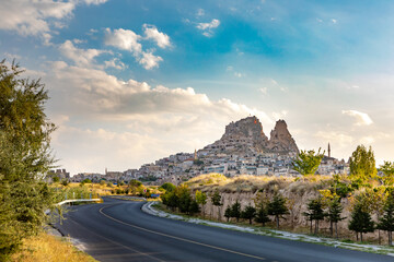 Cappadocia, Turkey - September 1, 2021 – Impressive Uchisar Castle and Village by chimney rock...