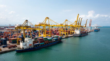 Containers ship and shipping ports cargo logistic freight load unloading by crane forwarding industry import export international worldwide, business services transportation of goods in ocean water
