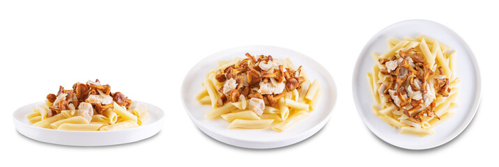 Chanterelle onion fried creamy pasta on a white isolated background