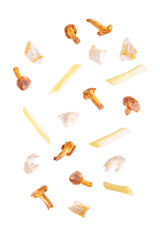 Chanterelle onion fried creamy pasta on a white isolated background