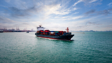 Fototapeta premium container ship transporting large cargo logistic import export goods internationally worldwide and shipping port background industry business service transportation by container ship in sea 