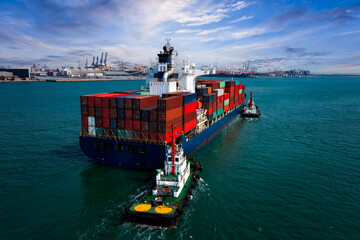 container ship transporting large cargo logistic import export goods internationally worldwide and...