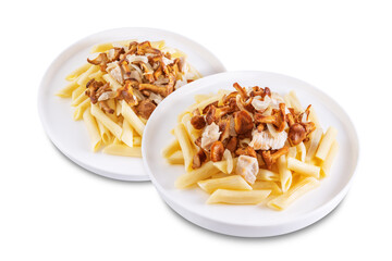 Chanterelle onion fried creamy pasta on a white isolated background