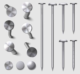 Realistic 3d straight and bent metal nails in wall. Hammered steel and iron curved nail pins and heads top view. Metallic hardware vector set - obrazy, fototapety, plakaty