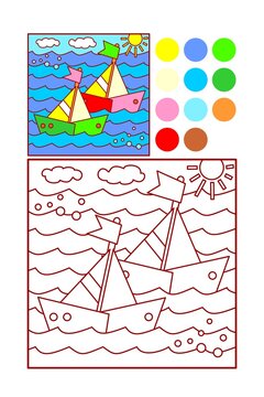 Coloring page for kids. Sailboats regatta at the pond.
